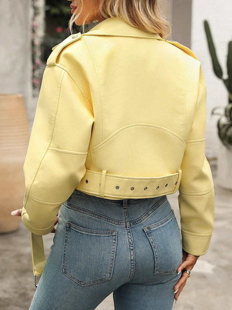 Veste en Cuir Jaune Ceinturée Femme – Style Rétro Moto Vintage