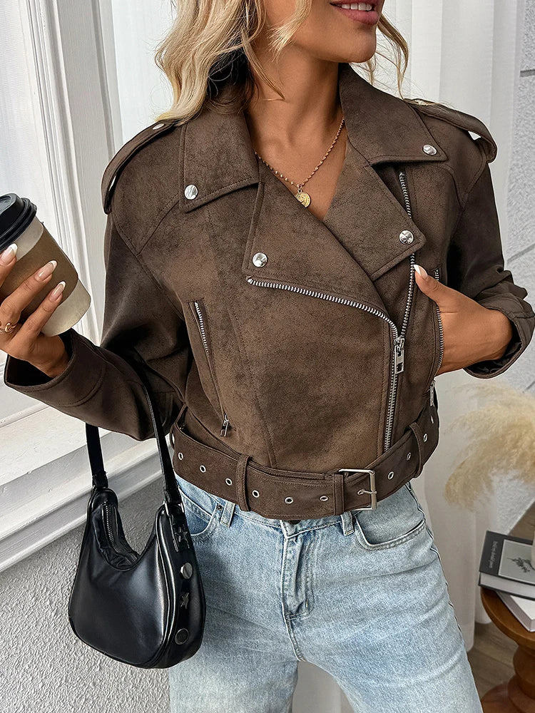 Veste en Cuir Marron Ceinturée Femme – Style Rétro Vintage