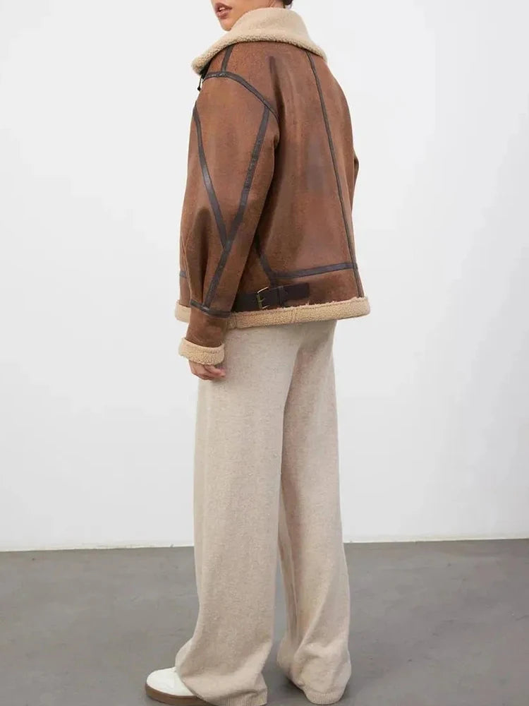 Manteau en Cuir et Fourrure Vintage Femme – Épais, Chaud et Confortable