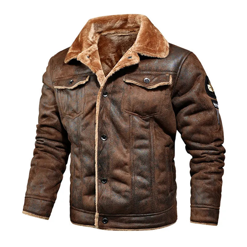 Manteau en Cuir Moto Homme avec Ecussons – Fourrure Intérieure