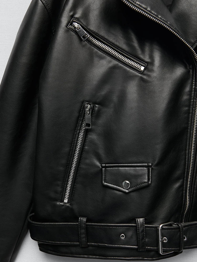 Veste Biker Noire en Similicuir avec Ceinture pour Femme