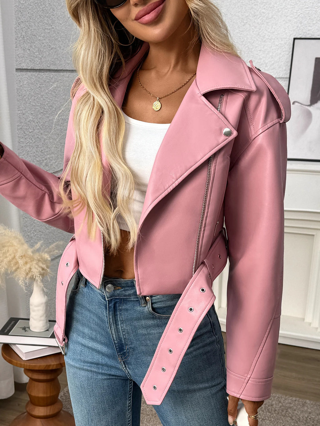Veste en Cuir Ceinturée Femme – Style Rétro Moto Vintage