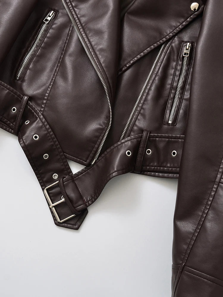 Veste en Cuir Ceinturée Femme – Style Rétro Moto Vintage Marron Chocolat