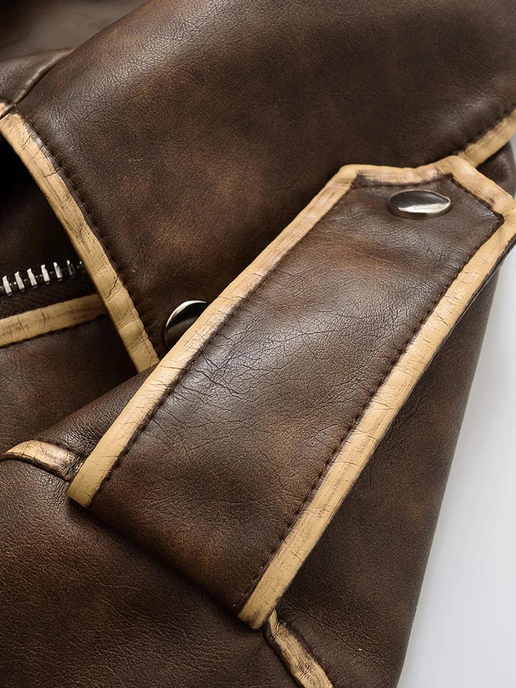 Veste en Cuir Ceinturée Femme – Style Rétro Moto Vintage Marron