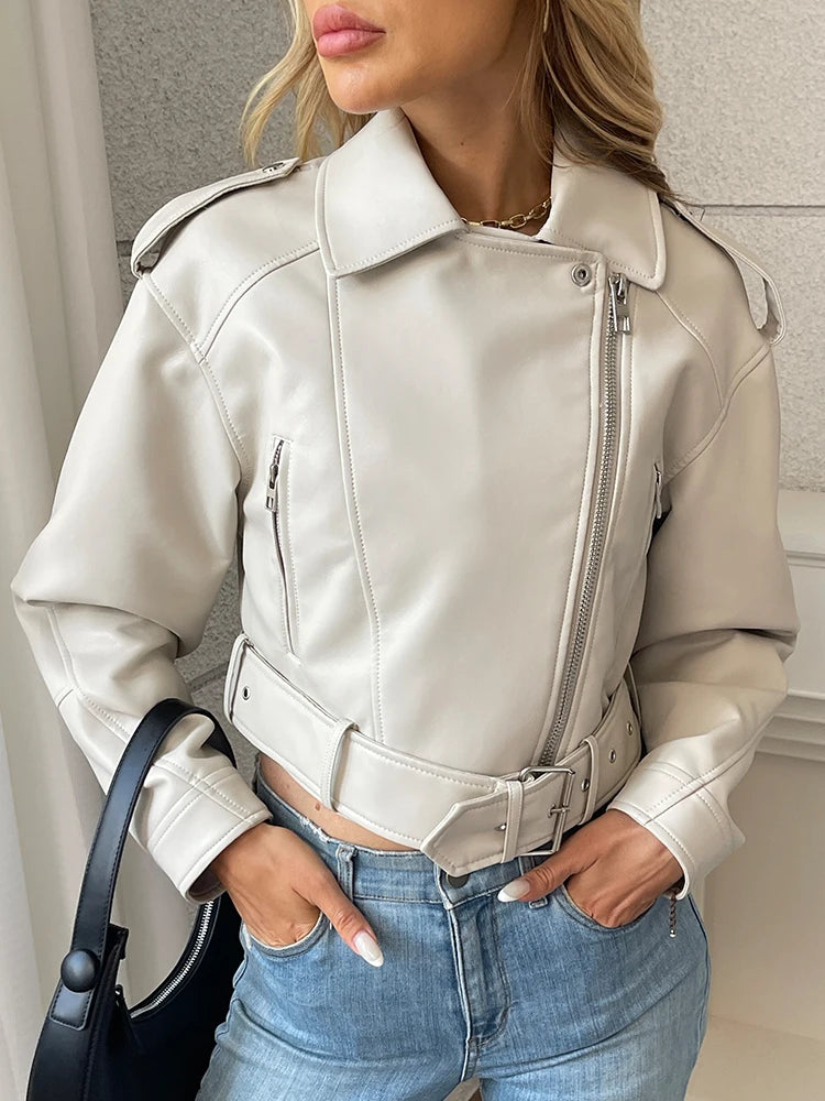Veste en Cuir Ceinturée Femme – Style Rétro Moto Vintage Beige