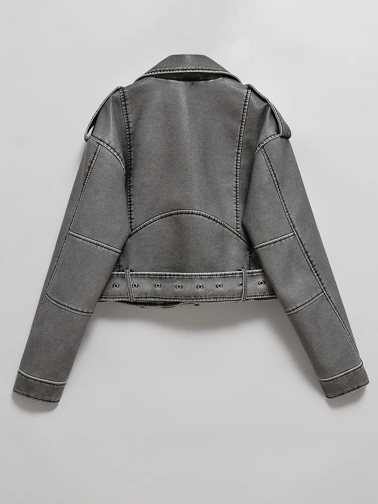 Veste en Cuir Gris Vintage Zippée Femme – Style Rétro Urbain