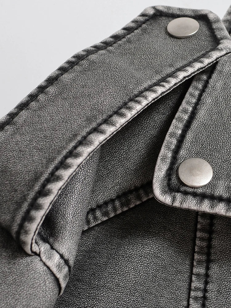 Veste en Cuir Gris Vintage Zippée Femme – Style Rétro Urbain