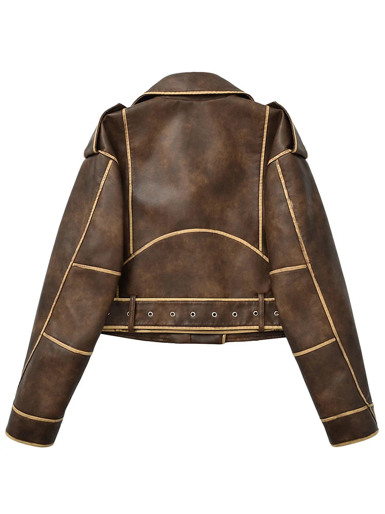 Veste en Cuir Ceinturée Femme – Style Rétro Moto Vintage Marron