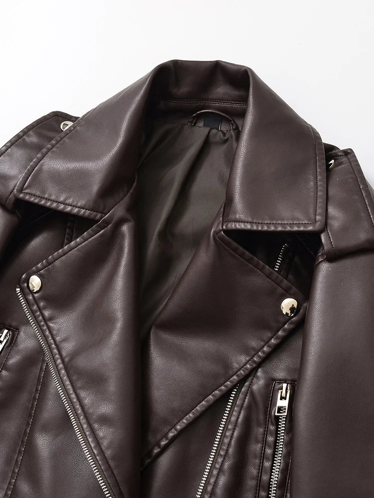 Veste en Cuir Ceinturée Femme – Style Rétro Moto Vintage Marron Chocolat