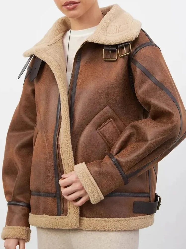 Manteau en Cuir et Fourrure Vintage Femme – Épais, Chaud et Confortable