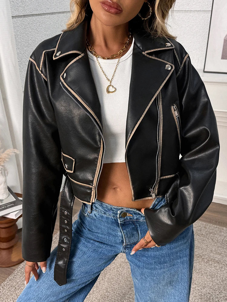 Veste en Cuir Ceinturée Femme – Style Rétro Moto Vintage Noir