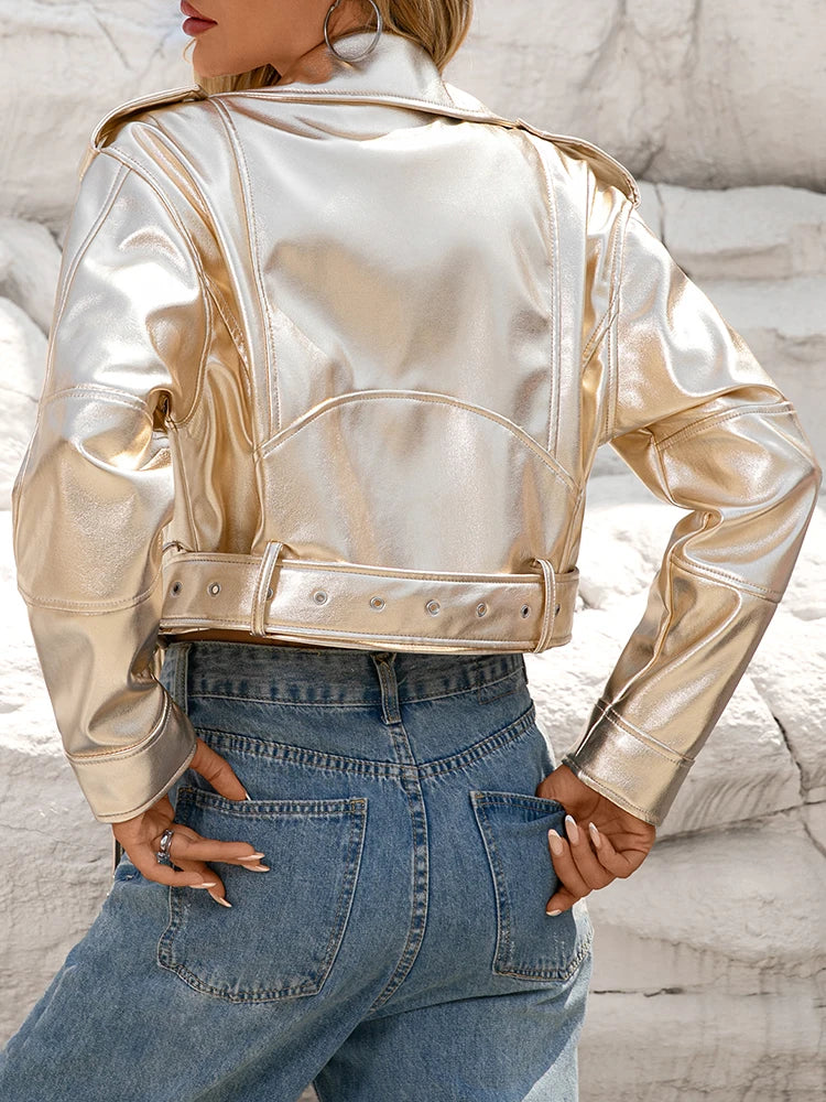 Veste en Simili Cuir doré Streetwear à Ceinture pour Femme