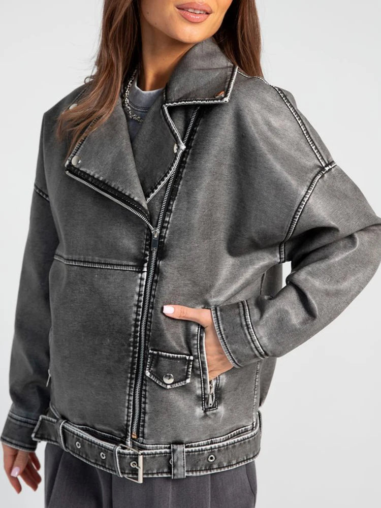 Veste en cuir gris Vintage Femme -  Oversize Style Biker