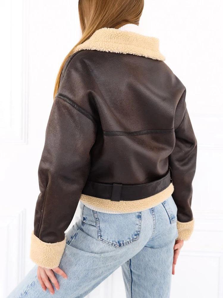 Veste Streetwear en Cuir et Fausse Fourrure Zippée pour Femme