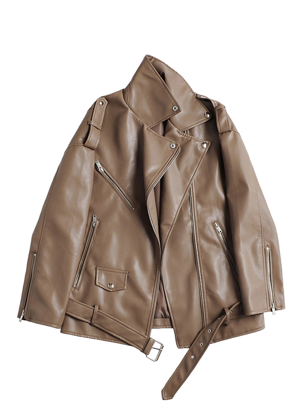 Veste Biker Noire en Similicuir avec Ceinture pour Femme