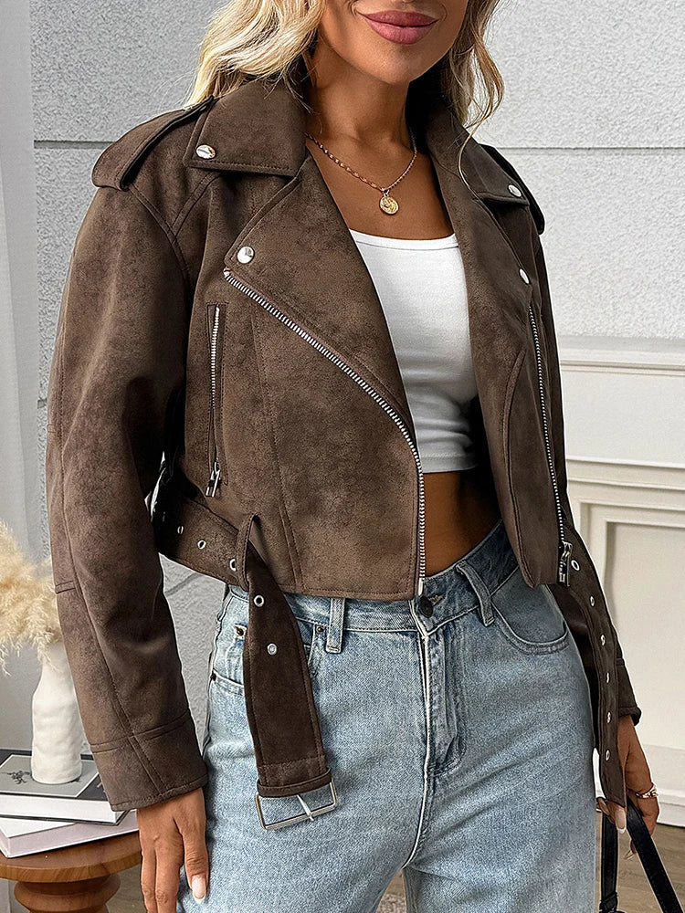 Veste en Cuir Marron Ceinturée Femme – Style Rétro Vintage