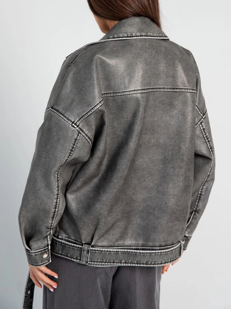 Veste en cuir gris Vintage Femme -  Oversize Style Biker