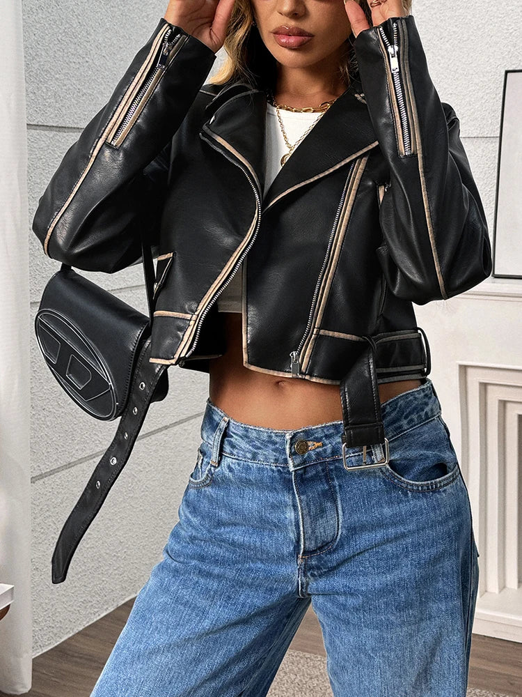 Veste en Cuir Ceinturée Femme – Style Rétro Moto Vintage Noir