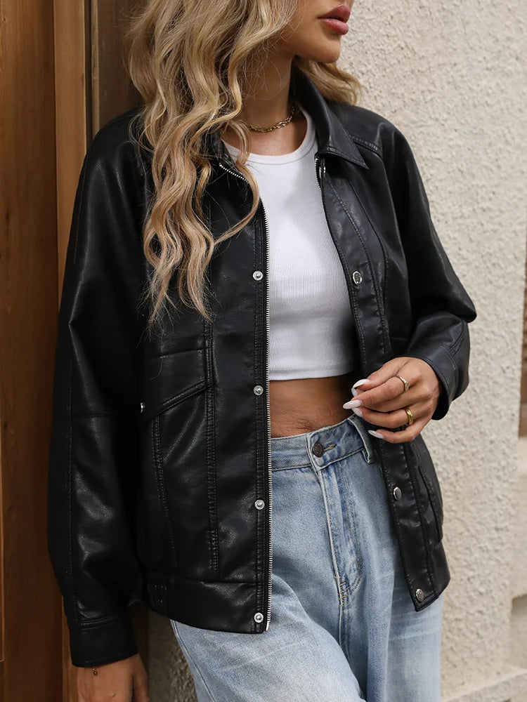 Veste en Cuir Noir à Zip et Bouton Femme  – Look Urbain et Rétro Noir