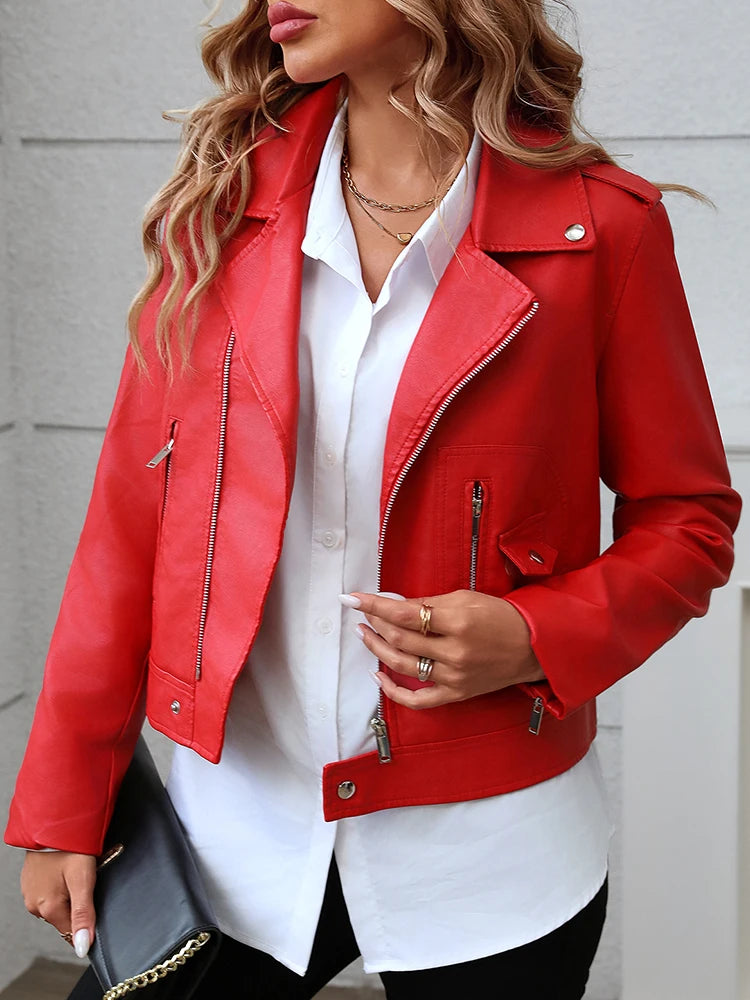 Veste en Cuir Rouge Femme – Style Rétro Moto Vintage
